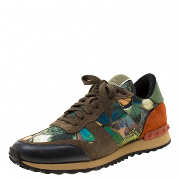 Pre Owned Valentino Multicolor Camo Butterfly Suede And Leather Rockrunner Sneakers Size 39