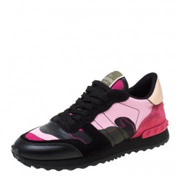 Pre Owned  Valentino Multicolor Camouflage Leather And Suede Hawaiian Couture Rockrunner Sneakers Size 36.5