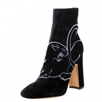 Pre Owned Valentino Black Velvet Panther Motif Block Heel Ankle Boots Size 38.5