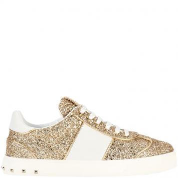 Pre Owned Valentino Gold/White Glitter and Leather Flycrew Sneakers Size 38