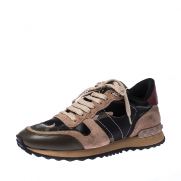 Pre Owned Valentino Multicolor Camouflage Leather And Suede Hawaiian Couture Rockrunner Sneakers Size 36