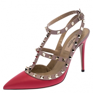 Pre Owned Valentino Red Leather Rockstud Cage Sandals Size 39