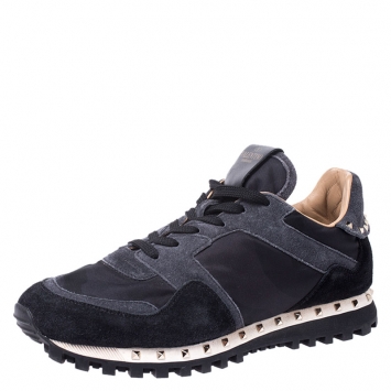 Pre Owned Valentino Black Suede and Fabric Studded Low Top Sneakers Size 39.5 
