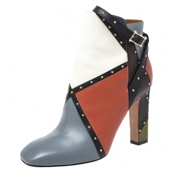 Pre Owned Valentino Multicolor Studded Paneled Leather Ankle Boots Size 40