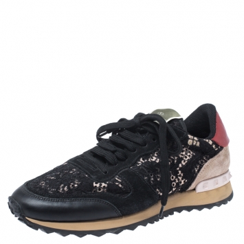 Pre Owned Valentino Multicolor Suede Leather And Macramé Lace Rockrunner Sneakers Size 38