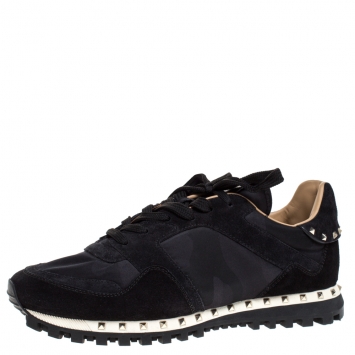 Pre Owned Valentino Black Suede and Camouflage Nylon Studded Low Top Sneakers Size 41.5