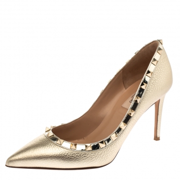 Pre Owned Valentino Metallic Gold Leather Rockstud Pointed Toe Pumps Size 38.5