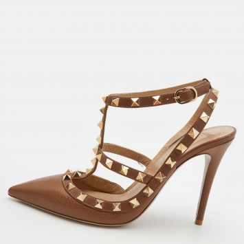 Pre Owned Valentino Brown Leather Rockstud Ankle Strap Pumps Size 38