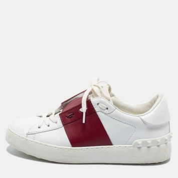 Pre Owned Valentino White/Burgundy Leather Logo Low Top Sneakers Size 37.5