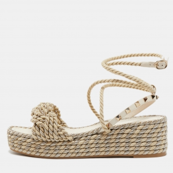 Pre Owned Valentino Beige Woven Fabric Rockstud Torchon Platform Sandals Size 40