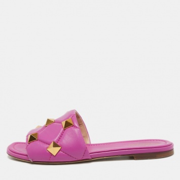 Pre Owned Valentino Purple Leather Roman Stud Flat Slides Size 38.5