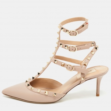 Pre Owned Valentino Beige Leather Rockstud Ankle Strap Pumps Size 40