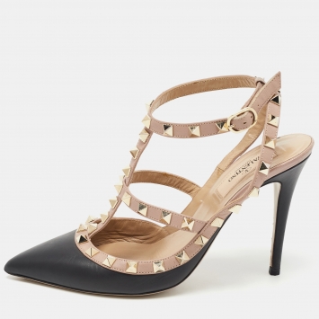 Pre Owned Valentino Black/Dusty Pink Leather Rockstud Ankle Strap Pumps Size 37