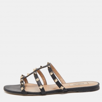 Pre Owned Valentino Black Leather Rockstud Flat Slides Size 40