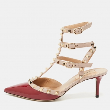 Pre Owned Valentino Red/Beige Patent and Leather Rockstud Pumps Size 37.5