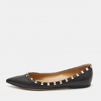 Pre Owned Valentino Black Leather Rockstud Ballet Flats Size 38.5