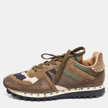 Pre Owned Valentino Army Green Suede and Camo Print Nylon Rockrunner Sneakers Size 38