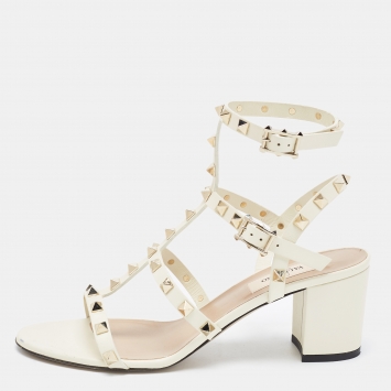 Pre Owned Valentino Off White Leather Rockstud Ankle Strap Sandals Size 38
