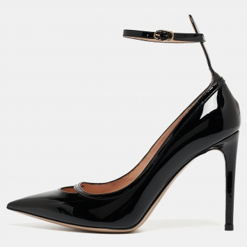 Pre Owned Valentino Black Patent Leather Ankle Cuff Pointed Toe Pumps Size 37.5