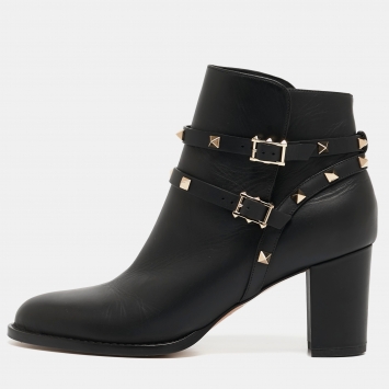 Pre Owned Valentino Black Leather Rockstud Ankle Boots Size 41