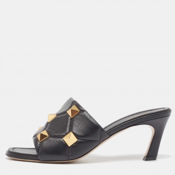 Pre Owned Valentino Black Quilted Leather Roman Stud Slide Sandals Size 40