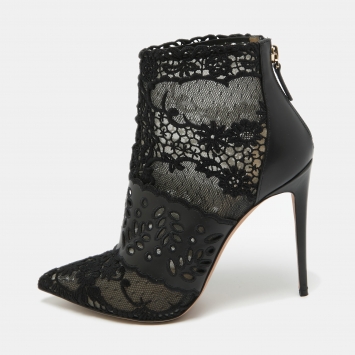 Pre Owned Valentino Black Leather and Lace Fusion Ankle Booties Size 38