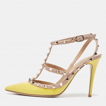Pre Owned Valentino Yellow/Pink Leather Rockstud Ankle Strap Pumps Size 39.5