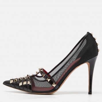 Pre Owned Valentino Black Patent Leather and Mesh Rockstud Alcove Pumps Size 36.5