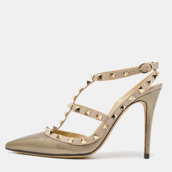 Pre Owned Valentino Metallic/Dusty Pink Leather Rockstud Ankle Strap Pumps Size 38