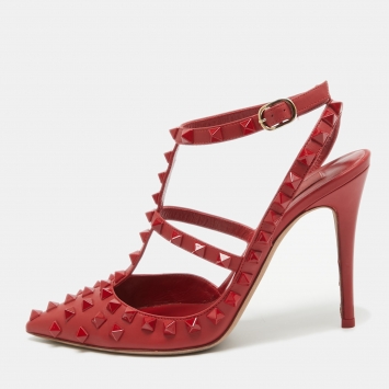 Pre Owned Valentino Red Leather Rockstud  Ankle Strap Pumps Size 37
