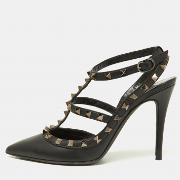 Pre Owned Valentino Black Leather Rockstud Strappy Pointed Toe Pumps Size Size 38.5