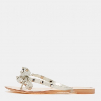Pre Owned Valentino Silver Jelly Bow Thong Flats Size 36