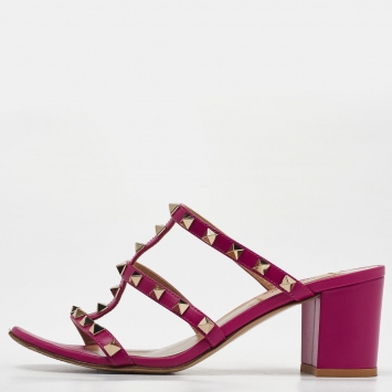 Pre Owned Valentino Fuchsia Leather and Patent Rockstud Slide Sandals Size 38