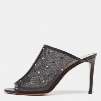 Pre Owned Valentino Black Mesh Crystal Embellished Open Toe Mules Size 39