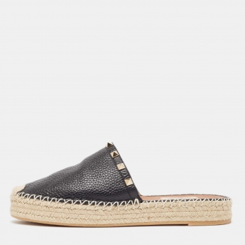 Pre Owned Valentino Black Leather Rockstud Espadrille Mules Size 39