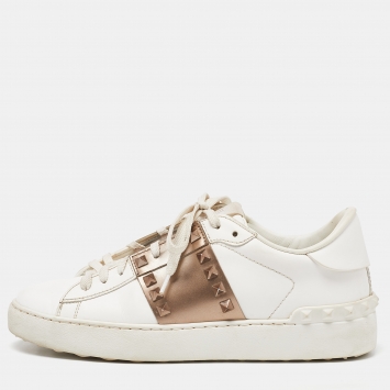 Pre Owned Valentino White/Brown Leather Rockstud Low Top Sneakers Size 38