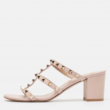 Pre Owned Valentino Pink Leather Rockstud Slide Sandals Size 38