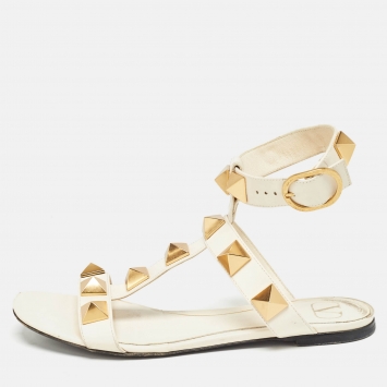 Pre Owned Valentino Cream Leather Roman Stud Ankle Strap Sandals Size 38.5
