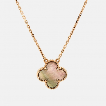 Pre Owned Van Cleef & Arpels Vintage Alhambra Grey Mother of Pearl 18K Rose Gold Necklace