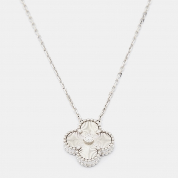 Pre Owned Van Cleef & Arpels Vintage Alhambra Diamond 18k White Gold Limited Edition Pendant Necklace
