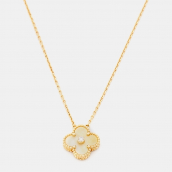 Pre Owned Van Cleef & Arpels Vintage Alhambra Golden Mother of Pearl Diamond 18k Yellow Gold Limited Edition Pendant Necklace