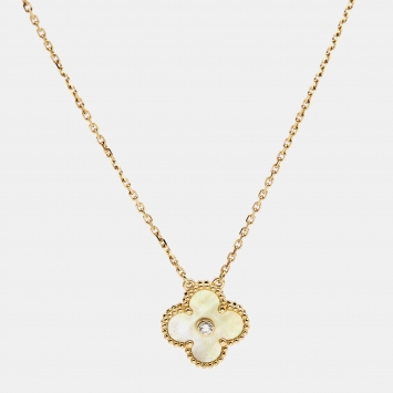 Pre Owned Van Cleef & Arpels Vintage Alhambra Golden Mother of Pearl Diamond 18k Yellow Gold Limited Edition Pendant Necklace