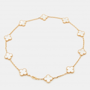 Pre Owned Van Cleef & Arpels Vintage Alhambra Mother of Pearl 18k Yellow Gold Station Necklace