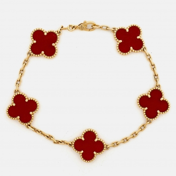 Pre Owned Van Cleef & Arpels Vintage Alhambra Carnelian 18k Yellow Gold 5 Motif Station Bracelet