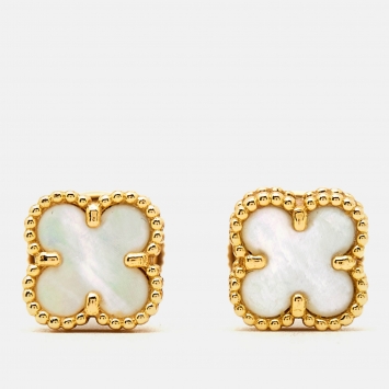 Pre Owned Van Cleef & Arpels Sweet Alhambra Mother of Pearl 18k Yellow Gold Stud Earrings