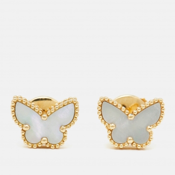 Pre Owned Van Cleef & Arpels Sweet Alhambra Butterfly Mother of Pearl 18K Yellow Gold Stud Earrings