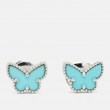 Pre Owned Van Cleef & Arpels Sweet Alhambra Butterfly Turquoise 18K White Gold Stud Earrings