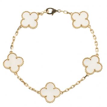 Pre Owned Van Cleef & Arpels Vintage Alhambra 5 Motif Mother Of Pearl Yellow Gold Bracelet 19cm