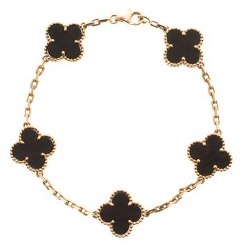 Pre Owned Van Cleef & Arpels Vintage Alhambra 5 Motif Wood 18k Rose Gold Bracelet 19cm
