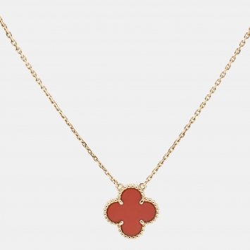 Pre Owned Van Cleef & Arpels Vintage Alhambra Carnelian 18k Yellow Gold Necklace